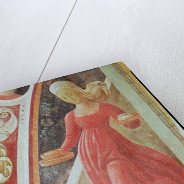 The Birth of the Virgin, detail of a maid servant descending a staircase by Paolo Uccello