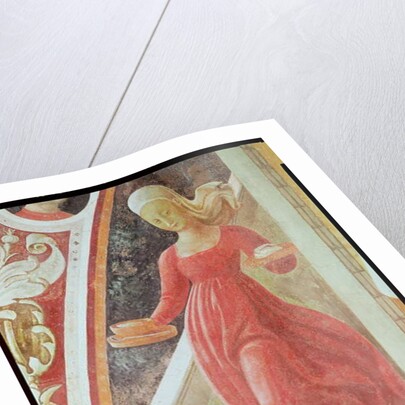 The Birth of the Virgin, detail of a maid servant descending a staircase by Paolo Uccello