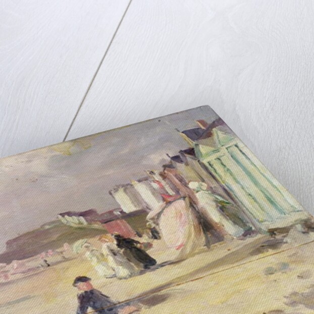 Figures walking beside a line of beach huts by Philip Wilson Steer