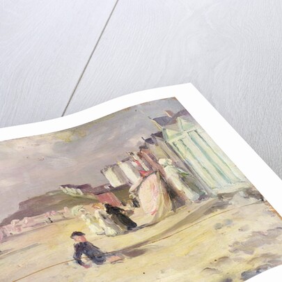 Figures walking beside a line of beach huts by Philip Wilson Steer