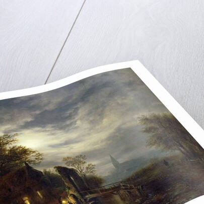 Moonlit river scene with figures unloading a boat by Georg Gillis van Haanen