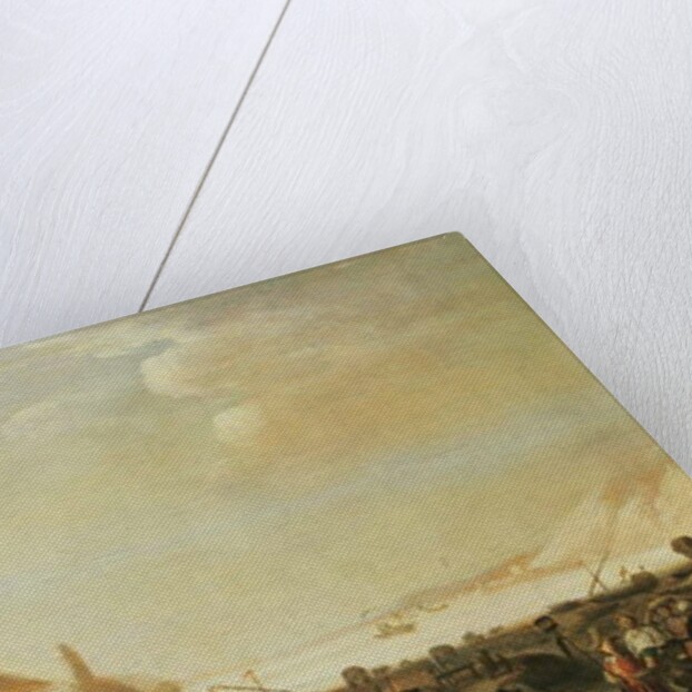 A port with street vendors and peasants in the foreground by Dutch School