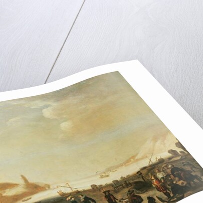 A port with street vendors and peasants in the foreground by Dutch School