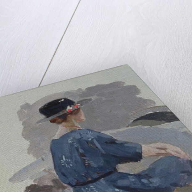 Woman in a blue dress and wide brimmed hat sitting upon rocks by Harry Watson