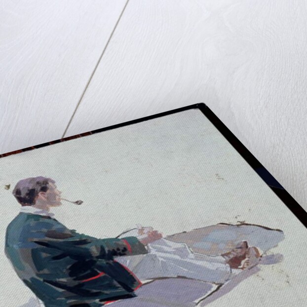 Man sitting upon rocks smoking a pipe by Harry Watson