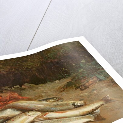 Brown trout on a river bank by William Geddes