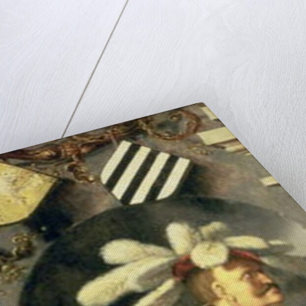 The Healing of the Blind Man of Jericho, left side panel of triptych showing warrior with the patron's coat of arms, 1531 by Lucas van Leyden