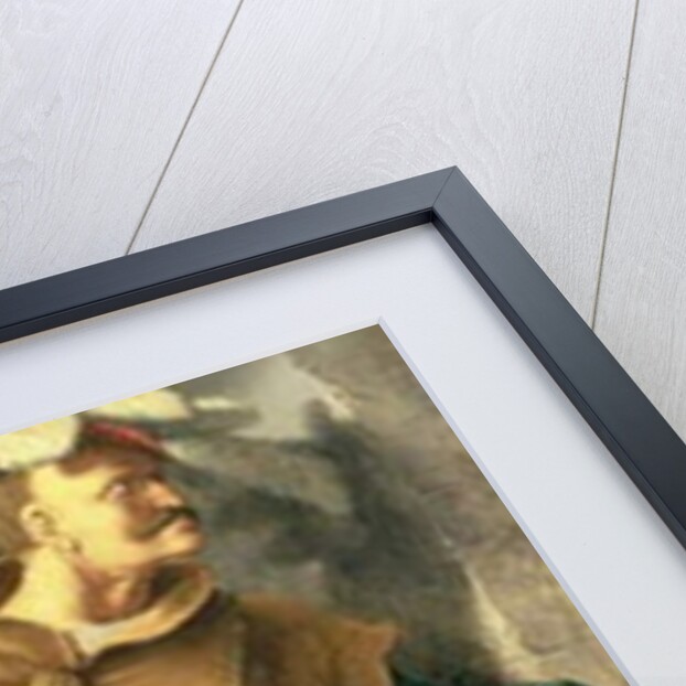 The Healing of the Blind Man of Jericho, left side panel of triptych showing warrior with the patron's coat of arms, 1531 by Lucas van Leyden