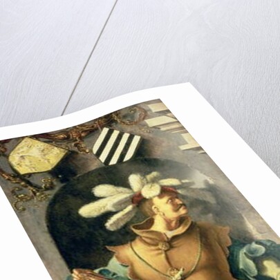 The Healing of the Blind Man of Jericho, left side panel of triptych showing warrior with the patron's coat of arms, 1531 by Lucas van Leyden