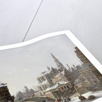 A Capriccio View of a Town with Figures on a Frozen Canal by Jan Hendrik Verheyen