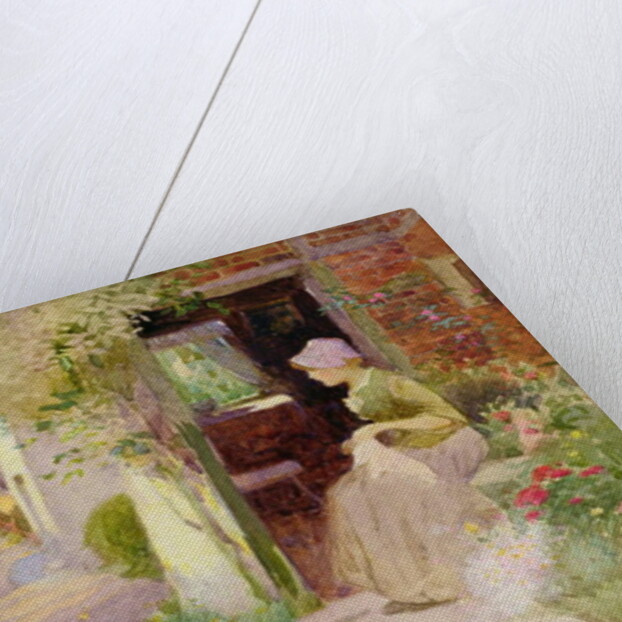 A Girl Sewing at the Door of a Cottage, 1906 by Thomas Mackay