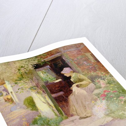 A Girl Sewing at the Door of a Cottage, 1906 by Thomas Mackay