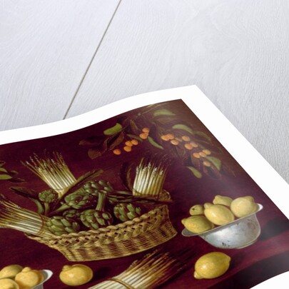 Still life with Asparagus, Artichokes, Lemons and Cherries by Blas de Ledesma