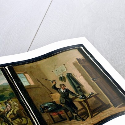 Don Quixote hanging from the window and preparing his armour, two scenes from the novel by Cervantes by Zacarias Gonzalez Velazquez