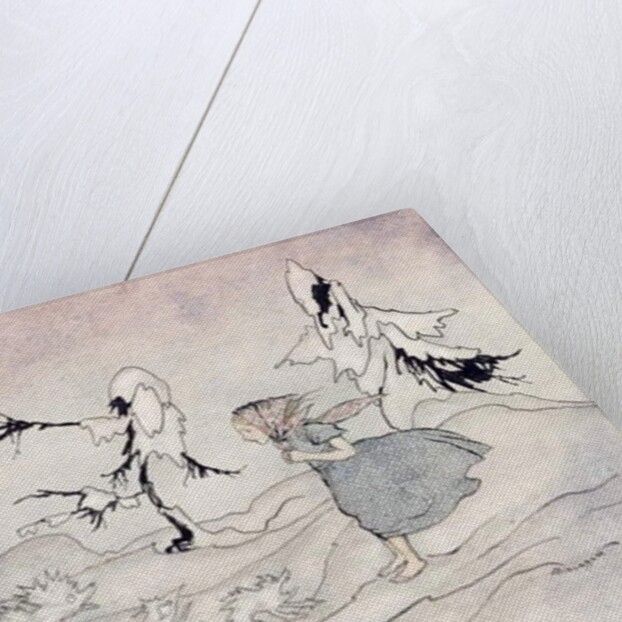 Gerda is terrified by the Snow Queen's advance guard, but she said 'Our Father' and is rescued by little bright angels by Arthur Rackham