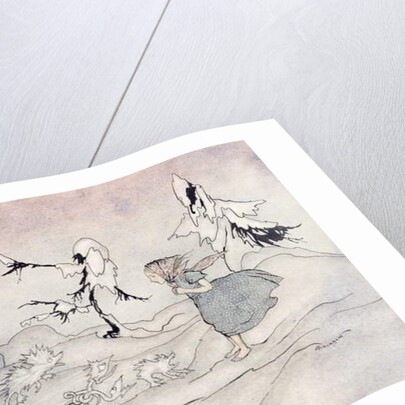 Gerda is terrified by the Snow Queen's advance guard, but she said 'Our Father' and is rescued by little bright angels by Arthur Rackham