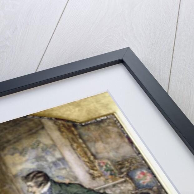 A young man presenting a bouquet to a girl standing in a drawing room by Arthur Rackham