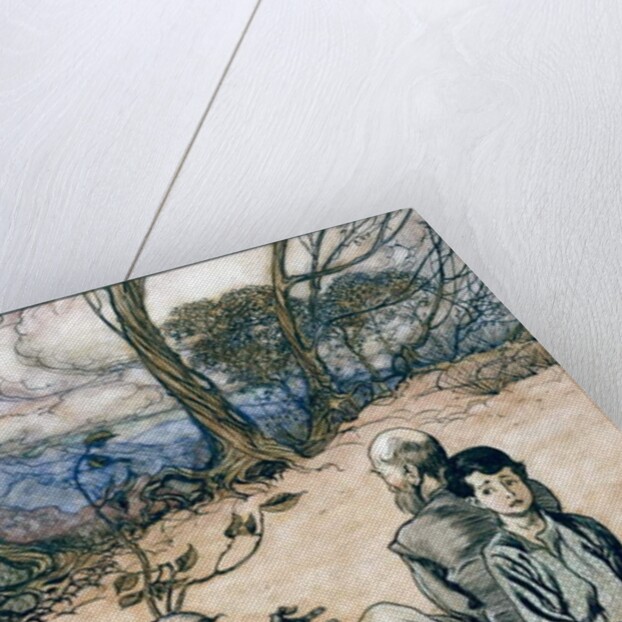 The son made a circle, and his father and he took places within it, and the little black mannikin appeared by Arthur Rackham