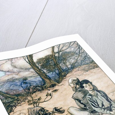 The son made a circle, and his father and he took places within it, and the little black mannikin appeared by Arthur Rackham