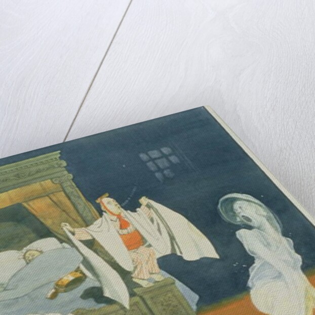 Clever ruse of Christmas guest in haunted bedroom to scare away the family ghost by William Heath Robinson