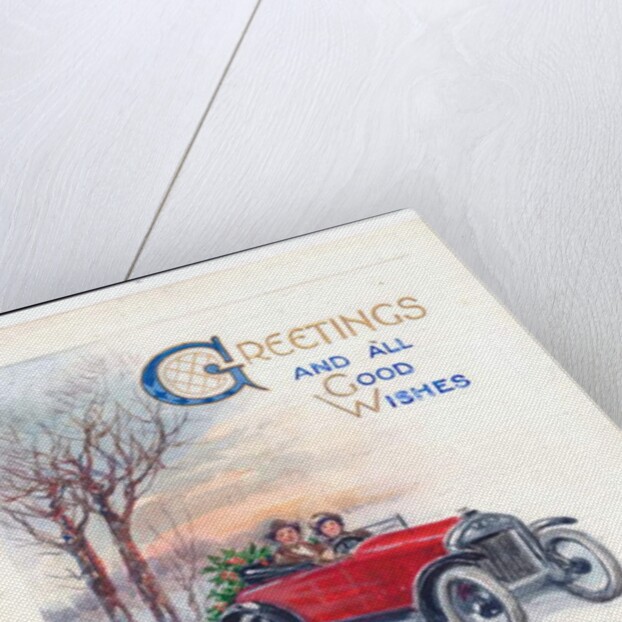 Original artwork for a Christmas card of a red car and holly, circa 1951 by (after) English School