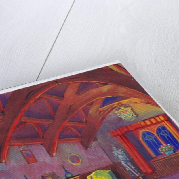 Original artwork for a Christmas card of a roaring fire in a baronial hall, circa 1953 by English School