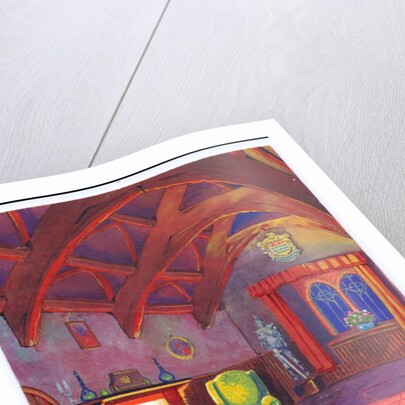 Original artwork for a Christmas card of a roaring fire in a baronial hall, circa 1953 by English School