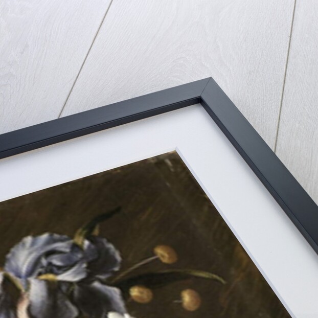 Tulips, daffodils, irises and other flowers in a glass vase on a sculpted stand, with a butterfly by Juan de Arellano