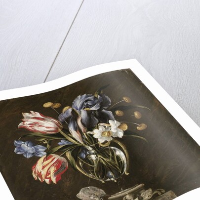 Tulips, daffodils, irises and other flowers in a glass vase on a sculpted stand, with a butterfly by Juan de Arellano