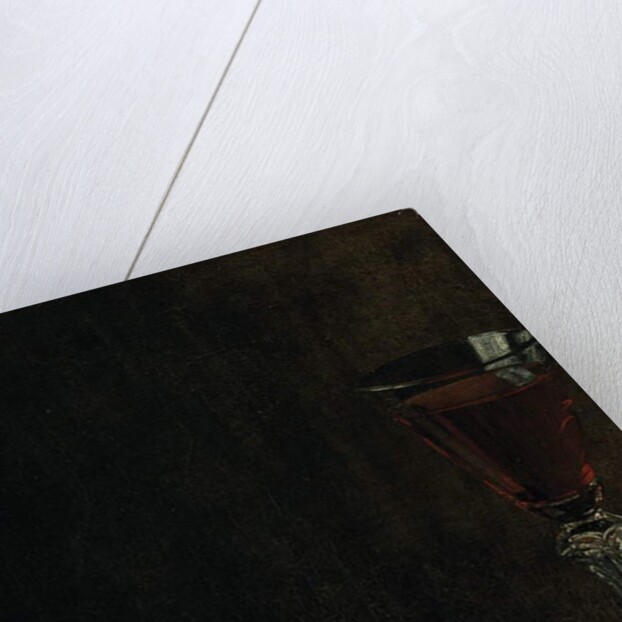 A glass of wine with walnuts on a table by Balthasar Denner