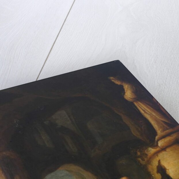 A hermit at prayer in a grotto with classical ruins by Jan Adriansz van Staveren