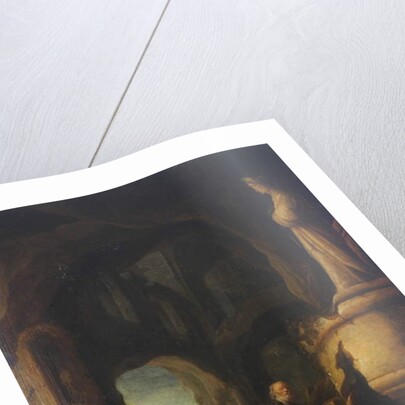 A hermit at prayer in a grotto with classical ruins by Jan Adriansz van Staveren