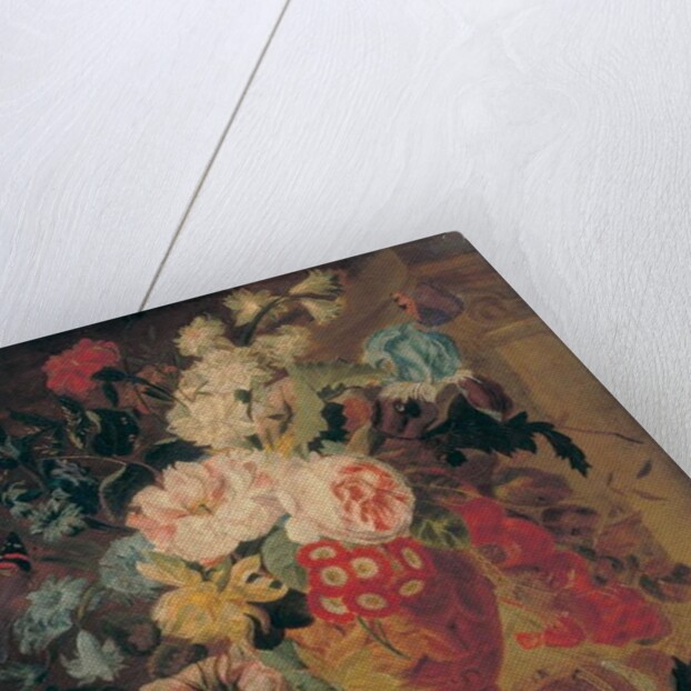 Flowers in a terracotta vase decorated with putti, with fruits, butterflies, a bluebottle, a snail, a spider and four chicks in a nest on a ledge by Jan Frans (circle of) Eliaerts