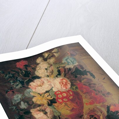 Flowers in a terracotta vase decorated with putti, with fruits, butterflies, a bluebottle, a snail, a spider and four chicks in a nest on a ledge by Jan Frans (circle of) Eliaerts