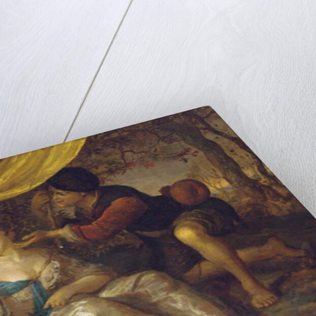 A shepherd kneeling over a lady sleeping under a canopy in a wooded landscape by Karel de Moor