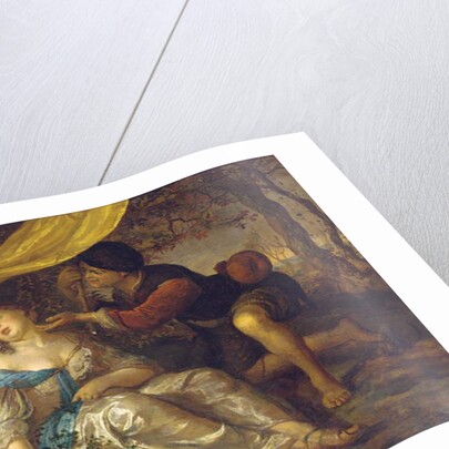 A shepherd kneeling over a lady sleeping under a canopy in a wooded landscape by Karel de Moor