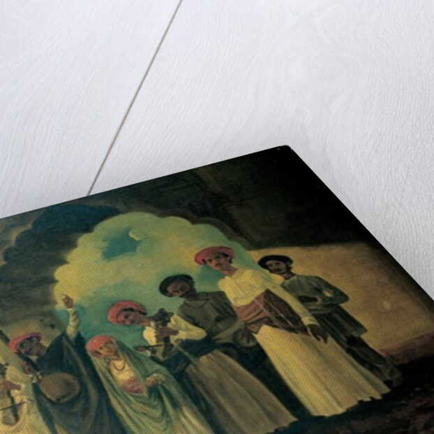 Group of Indian musicians playing a sarangi, a tambura and tablas, with a girl dancing on a terrace by William Hodges