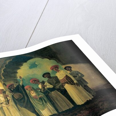 Group of Indian musicians playing a sarangi, a tambura and tablas, with a girl dancing on a terrace by William Hodges