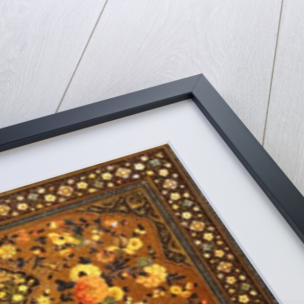 A Zand book cover painted with a central seated figure within an interior, surrounded by floral sprays by Persian School