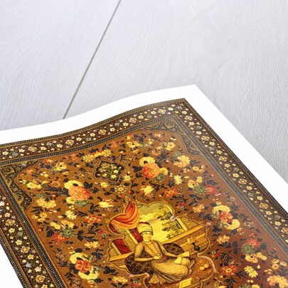 A Zand book cover painted with a central seated figure within an interior, surrounded by floral sprays by Persian School