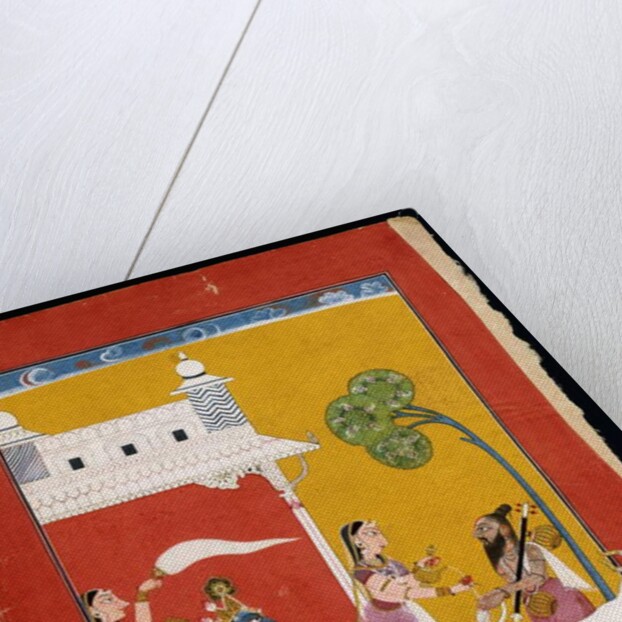 Rukmini offering water to the sage Narada while her consort Krishna sits in her house, c.1725-1730 by Indian School