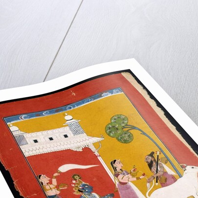 Rukmini offering water to the sage Narada while her consort Krishna sits in her house, c.1725-1730 by Indian School