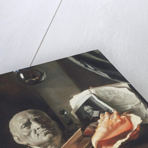 Vanitas still life with a bust, seashells, books and glass flasks by Dutch School