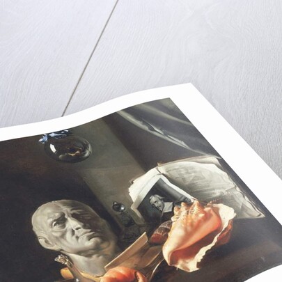 Vanitas still life with a bust, seashells, books and glass flasks by Dutch School