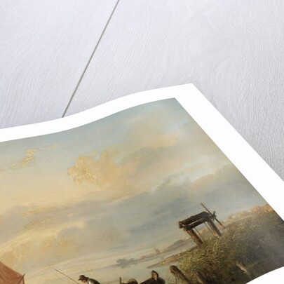 Fishing vessels at sunset by Cornelius Springer