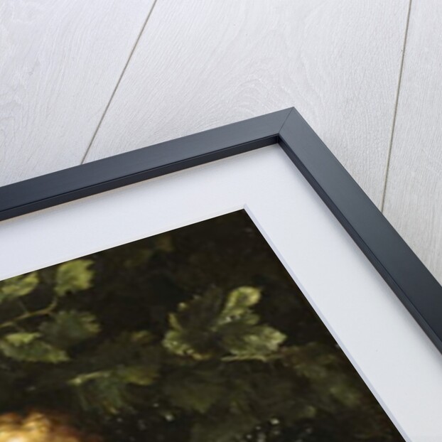 Grapes on the vine, pomegranates, grapes, and rosehips in a basket, with figs, apples, pears and chestnuts by a putto by Master of the Acquavella Still Life