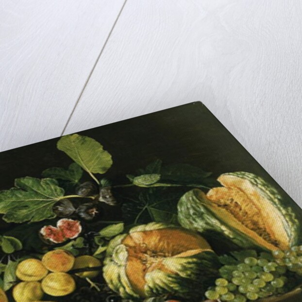 Pomegranates, melons, grapes, peaches, figs and other fruits on a stone ledge by Master of the Acquavella Still Life