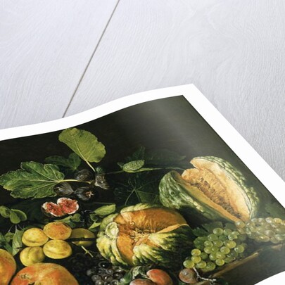 Pomegranates, melons, grapes, peaches, figs and other fruits on a stone ledge by Master of the Acquavella Still Life