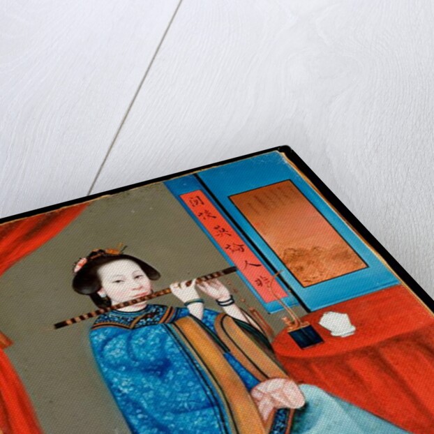 Portrait of a Court Lady Seated, in a Blue Robe, Playing the Flute, with a Pipe and Tea Cup on a Table by her Side, late 19th century by School Chinese
