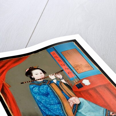 Portrait of a Court Lady Seated, in a Blue Robe, Playing the Flute, with a Pipe and Tea Cup on a Table by her Side, late 19th century by School Chinese